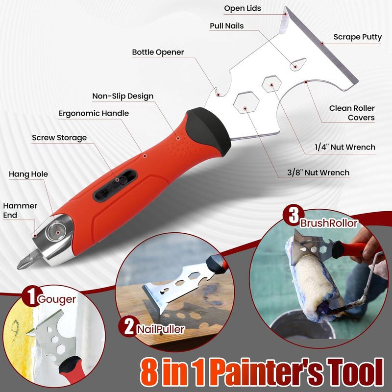 SUMED 10Pcs Drywall Tool Kit, Stainless Steel Putty Knife Set with 1"-6" Knives, 8"-12" Taping Knives, 9-in-1 Painter Scraper, 12" Mud Pan & 6" Scoop for Drywall Taping, Finishing, and Patching - Image 4